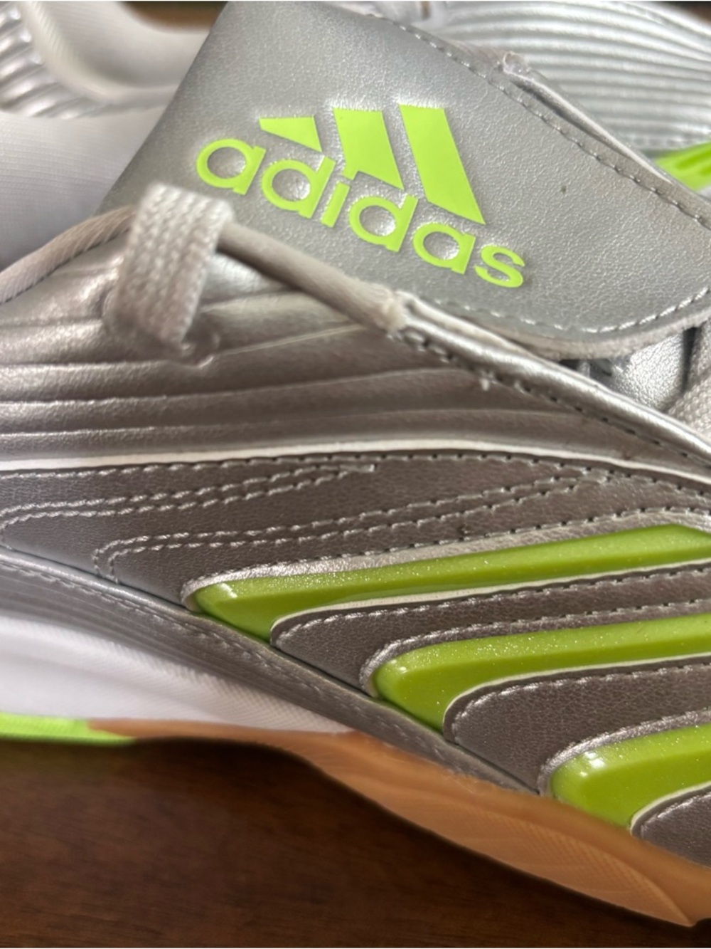 adidas Kids Silver with Neon Green Indoor Soccer Sneakers - Picture 3 of 9